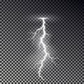 Lightning bolt isolated on dark checkered background. Transparent thunderbolt flah effect. Realistic