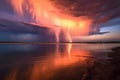 lightning bolt and rainbow during a stormy sunset