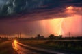 lightning bolt and rainbow during a stormy sunset