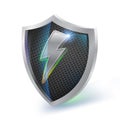 Lightning bolt shield icon with silver lightning