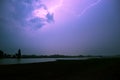 Lightning bolt in the sky over a river in central part of Holland.