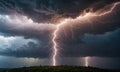 A lightning bolt strikes down through dark clouds, illuminating the trees below Royalty Free Stock Photo
