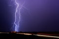 Lightning bolt strikes an electrical substation during a thunderstorm.