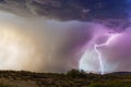 Lightning bolt strikes next to a microburst in a thunderstorm. Royalty Free Stock Photo