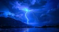 A lightning bolt is striking the clouds above a body of water, AI Royalty Free Stock Photo