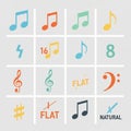Lightning bolt, yellow sixteenth note with 16 , blue eighth note, Royalty Free Stock Photo