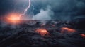 A lightning bolting through the sky over a lava field. AI generative image.