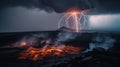 A lightning bolting through the sky over a volcano. AI generative image.