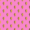 Lightning bolts seamless pattern in cartoon, comic style. Thunder lights wallpaper. Bright pink background. Royalty Free Stock Photo