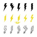 Lightning bolts vector logo set. Concept of energy and electricity. Flash with rays. Power and electric symbols, high