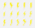 Lightning bolts vector stickers set. Concept of energy and electricity. Flash collection. Power and electric symbols