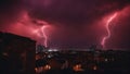 lightning in the city A bright electric storm in a dark red sky with dark shapes of people and buildings. Royalty Free Stock Photo