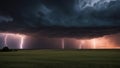 lightning in the city dramatic scene of a supercell thunderstorm and lightning bolt over a field in Kansas at sunset, Royalty Free Stock Photo