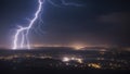 lightning strike over a city at night, creating a stunning contrast between the bright white bolt and the dark blue