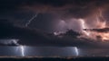 lightning in the city A stormy night sky with multiple lightning strikes over a city, creating a dramatic and futuristic scene.