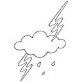 Lightning, cloud and raindrops. Storm. Vector illustration. Outline on an isolated white background. Sketch. Weather forecast.