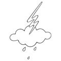 Lightning, cloud and raindrops. Vector illustration. Storm. Outline on an isolated white background. Sketch. Weather forecast.