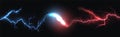 Lightning. Collision of blue and red thunderbolts. Flash and explosion in dark. Horizontal energy flows. Opposition of