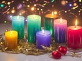 Lightning colorful Candles for Merry Christmas and Happy New Year 2024. Decoration with candles concept. Valentine\'s Day.