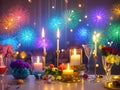 Lightning colorful Candles for Merry Christmas and Happy New Year 2024. Decoration with candles concept. Valentine\'s Day.