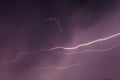 Lightning discharges in stormy sky under dark rain clouds at night Royalty Free Stock Photo