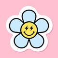 lightning eyes daisy flower sticker, chamomile face with lightning bolt eyes, black outline, cute sticker on pink