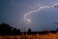 Lightning fast on a stormy summer night. A field with poles and electric wires