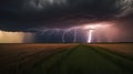 lightning in the field A dramatic scene of a supercell thunderstorm and lightning bolt over a field