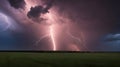 lightning in the field A dramatic scene of a supercell thunderstorm and lightning bolt over a field at sunset,