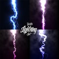 Lightning flash light thunder spark on black background with clouds set.Vector spark lightning or electricity blast Royalty Free Stock Photo