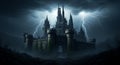 Gothic castle with tall spires looms under a stormy sky, illuminated by flashes of Royalty Free Stock Photo