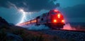 Lightning illuminates speeding train amidst tempest , flash, speed Royalty Free Stock Photo