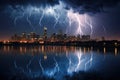 lightning illuminating a city skyline under dark, cloudy skies