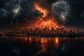 lightning illuminating a city skyline under dark, cloudy skies