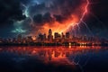 lightning illuminating a cloudy city skyline