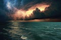 lightning illuminating dark storm clouds over ocean Royalty Free Stock Photo