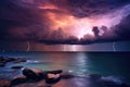 lightning illuminating dark storm clouds over ocean Royalty Free Stock Photo