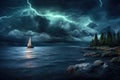 lightning illuminating a lone sailboat on the stormy sea