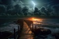 lightning illuminating a path through a moonlit ocean