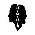 Lightning between a man and a woman. Conflict and quarrel concept. Black silhouette. Vector illustration.