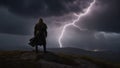 lightning in the mountains _He was standing on the hill, looking at the religious and scientific apocalyptic background. Royalty Free Stock Photo