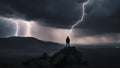 lightning in the mountains He was standing on the hill, looking at the religious and scientific apocalyptic background. Royalty Free Stock Photo