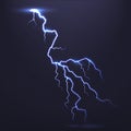 Lightning, natural light effect, bright glowing isolated on dark background. Magic thunderstorm, flash bolt Royalty Free Stock Photo