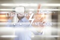 Lightning network - second layer payment protocol that operates on top of a blockchain. Bitcoin, internet payment. Royalty Free Stock Photo
