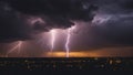 lightning in the night A city glows with life as a lightning storm flashes in the purple sky.