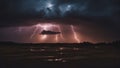 dark stormy sky with multiple lightning bolts that create a dazzling display of light and reflection on the water below