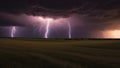 lightning in the night A field of green grass is electrified by the flashes of lightning that crackle in the purple sky.