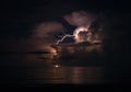 Lightning at night over the Atlantic ocean