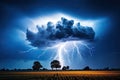 Lightning in the night sky hits a lonely tree in the field Royalty Free Stock Photo