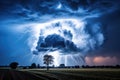 Lightning in the night sky hits a lonely tree in the field Royalty Free Stock Photo